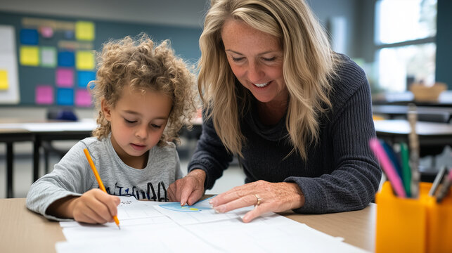 Educator guiding special education student in a personalized reading session with adaptive books
