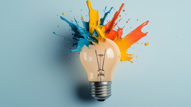 Light bulb shattering with colorful paint splashes, representing creative brainstorming
