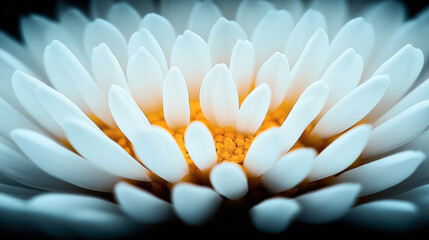 Fototapeta premium Macro photograph of a white flower with detailed petals and a vibrant yellow center, highlighting texture and color contrast.