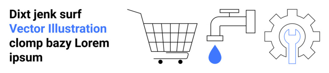 Shopping cart, faucet dripping water, and gear with wrench indicate commerce, resource management, and technical services. Ideal for resource allocation, service management, shopping platforms, DIY