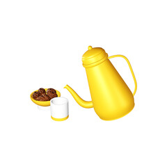 Obraz premium golden teapot, a bowl of dates and drinking water to break the fast in the month of Ramadan