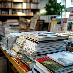 Stacks of books in a bookstore.