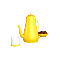golden teapot, a bowl of dates and drinking water to break the fast in the month of Ramadan