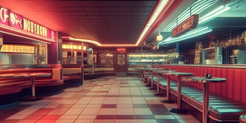 Retro diner with neon signs and booths.