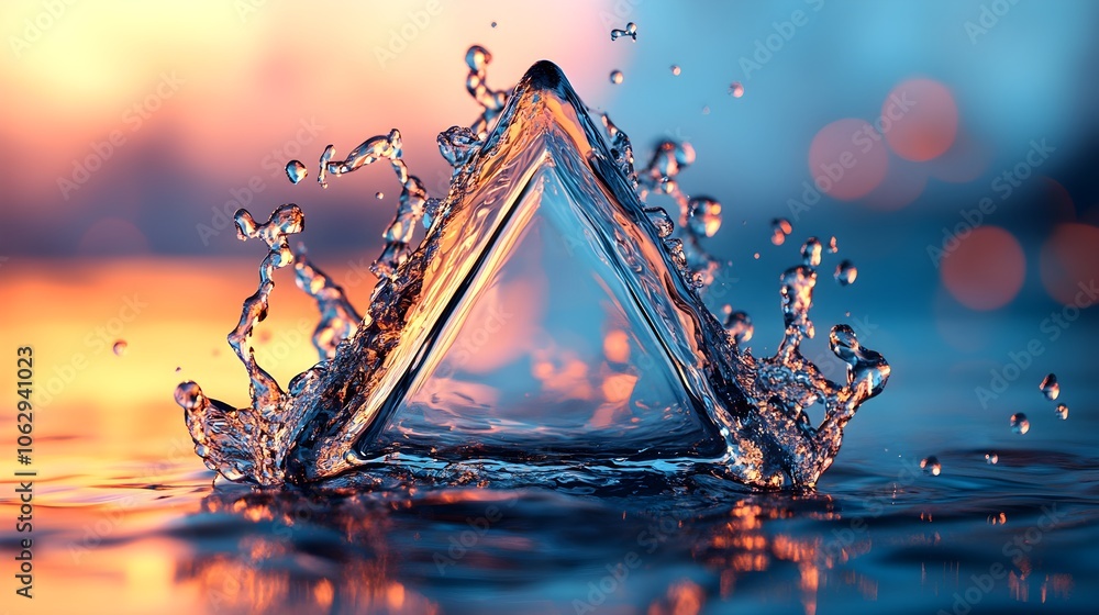 Poster abstract water splash with triangular frame and sunset reflection
