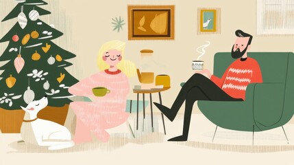 A couple enjoying Christmas in front of a fireplace