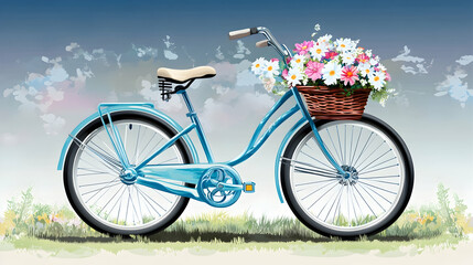 Fototapeta premium A blue bicycle with a basket full of flowers.