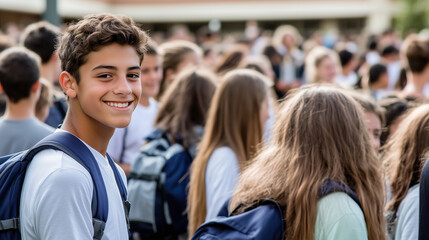 Obraz premium High school students gathered in the school yard, cheerful and excited for back to school