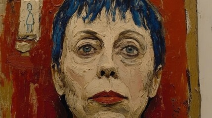 Oil painting portrait of woman with blue hair.
