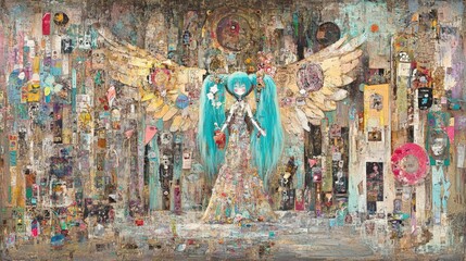 Fototapeta premium Collage artwork with anime girl and wings.