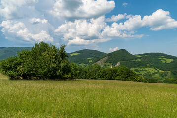 Obraz premium Beautiful springtime Biele Karpaty mountains near Cerveny kamen village in Slovakia