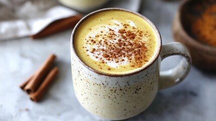 A bold, plant-based turmeric latte made with creamy soy milk and topped with a sprinkle of cinnamon and turmeric powder, offering an anti-inflammatory