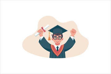A young man celebrates his graduation on isolated white background. vector illustration.