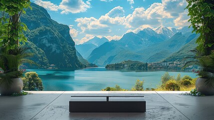 A high-definition TV set up on the concrete floor, with an outdoor landscape background featuring mountains and water.