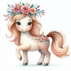 Cute cartoon horse on white background. AI