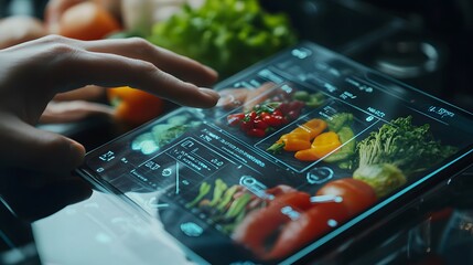 Closeup of a digital nutritional analysis on a smartphone scanning a food product label, nutrition tech, smart eating