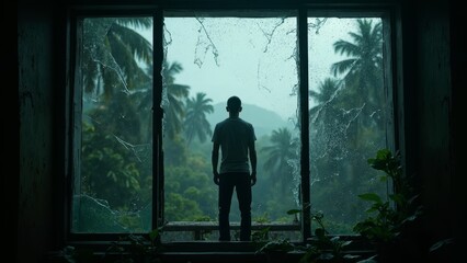 Fototapeta premium Silhouette of man at broken window overlooking tropical jungle through misty glass