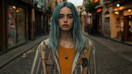 Obraz premium Blue haired woman in city alleyway.