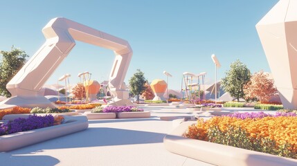Fototapeta premium Futuristic Retro Park with Geometric Structures and Vibrant Flowers in 3D Render Under Blue Sky - Ultra-Detailed Illustration