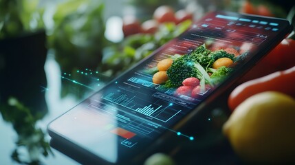 Closeup of a digital nutritional analysis on a smartphone scanning a food product label, nutrition tech, smart eating