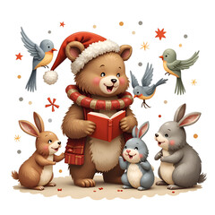 Naklejka premium Join the bear and friends for a magical winter storytelling adventure together, digital illustration of children s book illustration concept.