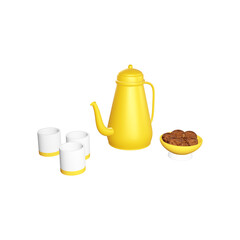 golden teapot, a bowl of dates and drinking water to break the fast in the month of Ramadan