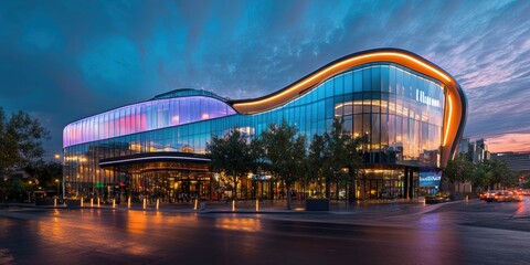 Modern glass building illuminated at dusk.