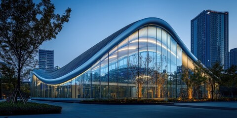 Obraz premium Modern building, glass facade, city lights, evening sky.