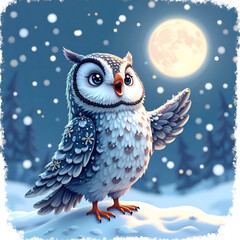 Obraz premium Let the wisest bird sing beneath the moonlit winter sky, digital art of character illustration concept.