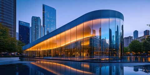 Obraz premium Modern building reflecting cityscape in pond.