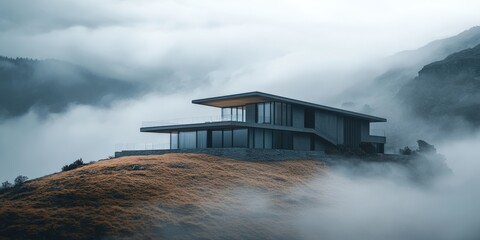 Modern house on foggy hillside.