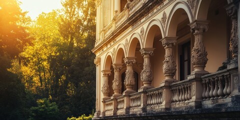 Naklejka premium Ornate balcony with stone pillars and arches.