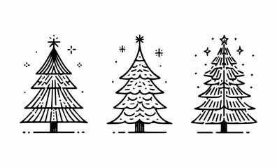 Set of Christmas trees, black and white illustration	