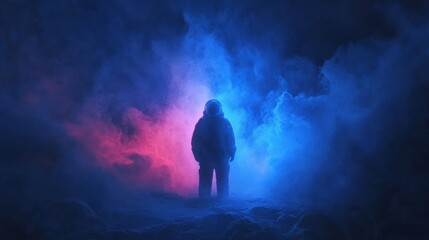 Obraz premium Astronaut in Smoke and Fog Space Exploration Dark Blue and Pink Lights Futuristic