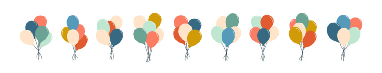 Air balloons tied with strings, baloons bunches set. Festive multi colored ballon bundles. Inflatable helium balls flying. Holiday decoration. Flat vector illustration isolated on white background © Good Studio