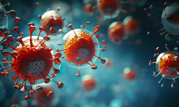 Detailed digital illustration of virus cells in a microscopic environment