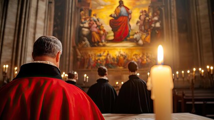 Naklejka premium Clerics in procession during a religious service with candlelight ambiance.