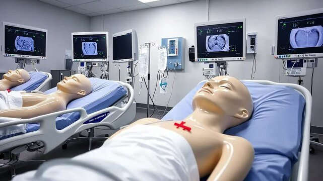 A medical training facility featuring simulation mannequins on hospital beds, with monitors displaying vital signs for educational purposes.