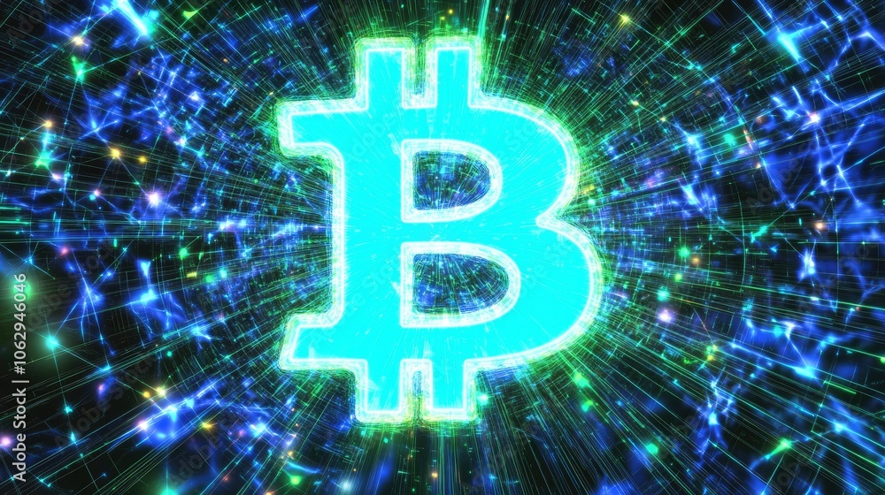 Poster bright bitcoin symbol in dynamic digital background
