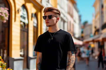 Urban Cool: A young man strolls confidently through a vibrant city street, showcasing a stylish look with a black tee, sunglasses, and a touch of ink.  
