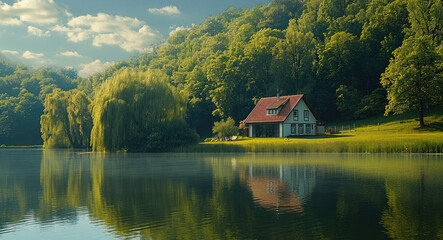 Obraz premium Beautiful green landscape with a small house, lake, and willow trees in the spring or summer time.