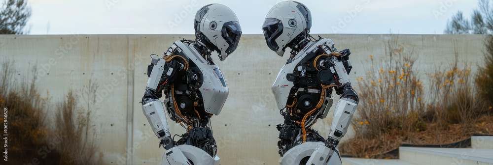 Poster advanced robotics: boston dynamics atlas humanoid robots front view in outdoor setting