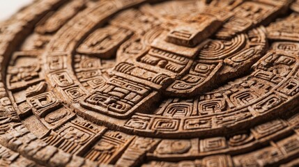 Obraz premium Intricate Aztec calendar design, detailed craftsmanship on a wooden surface.