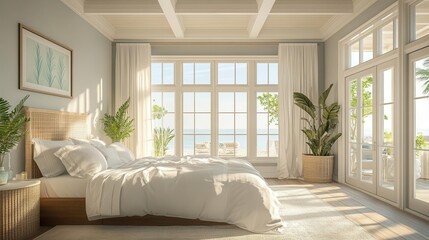 A bright, airy bedroom featuring large windows, soft bedding, and greenery, creating a serene and inviting atmosphere.