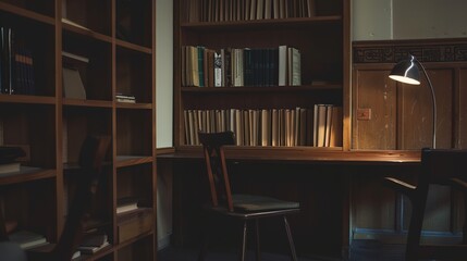 Cozy home office, Bookshelf with books, wooden writing desk adorned with family photographs and plants