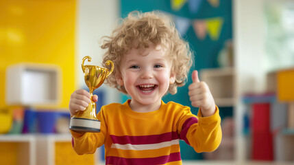 Joyful child celebrating with a trophy in a colorful room