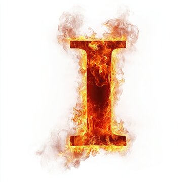 Burning fire font letter I made of fire. 3d