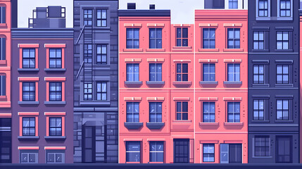 Naklejka premium Seamless pattern of colorful buildings with windows, doors, and fire escapes in an urban cityscape.