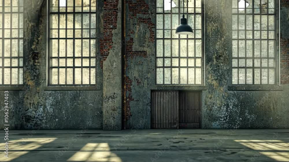 Poster sunlight streams through the windows of an old, abandoned factory building