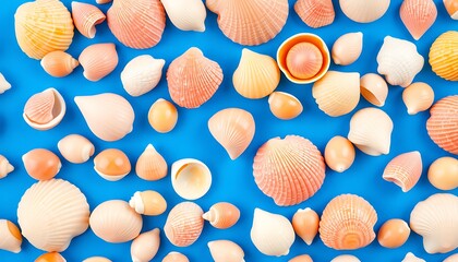 Seashells on Blue Background,